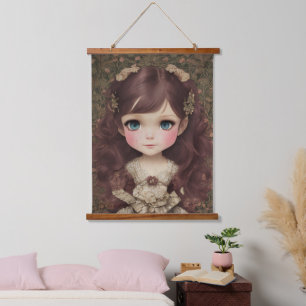 Cute Adorable Vintage Style Chibi Kawaii Girl Art Hanging Tapestry