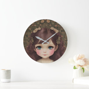 Cute Adorable Vintage Style Chibi Kawaii Girl Art Large Clock