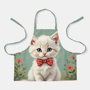 Cute adorable white cat with bow tie apron