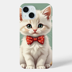 Cute adorable white cat with bow tie iPhone 15 case
