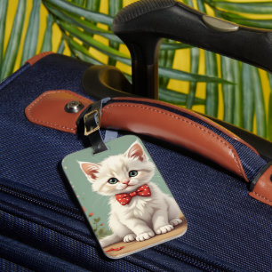 Cute adorable white cat with bow tie luggage tag