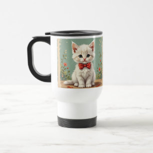 Cute adorable white cat with bow tie travel mug