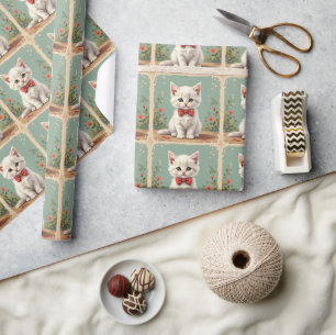 Cute adorable white cat with bow tie wrapping paper