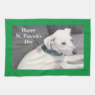 Cute Adorable White Puppy Dog Wearing Green Scarf Tea Towel