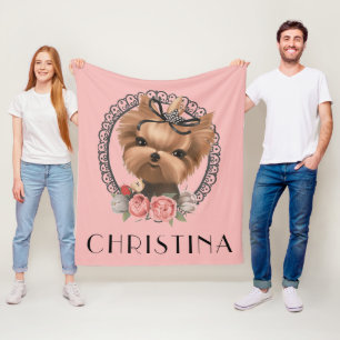 Cute Adorable Yorkie Puppy Pink Floral Fleece Blanket