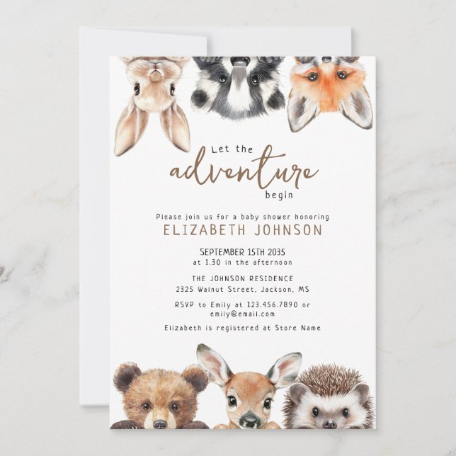 Cute Adventure Forest Woodland Animals Baby Shower Invitation (Front)