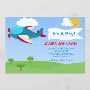 Cute Aeroplane Boy Baby Birth Announcement Card
