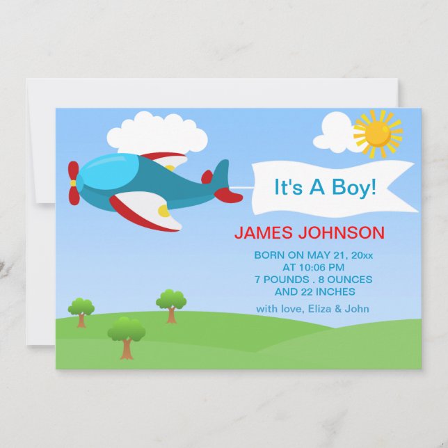 Cute Aeroplane Boy Baby Birth Announcement Card (Front)