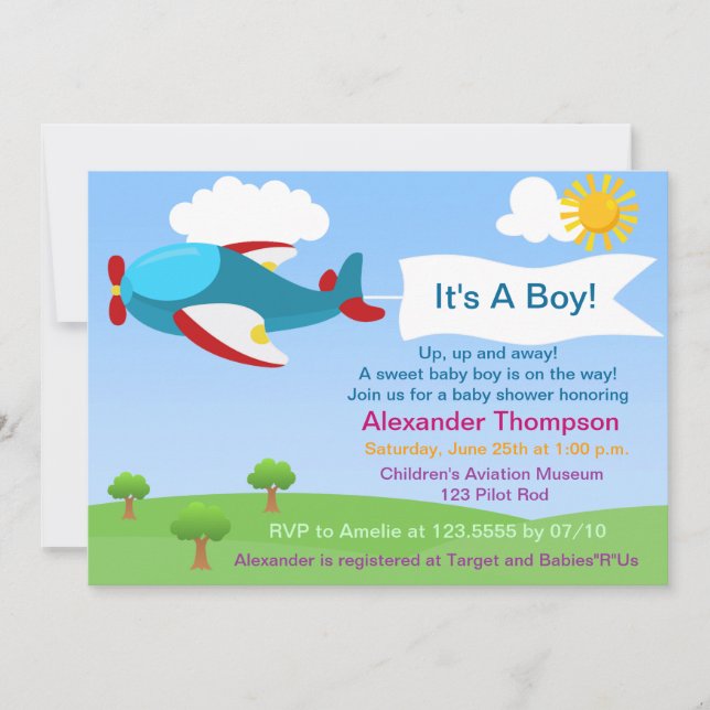 Cute Aeroplane Boy Baby Shower Invitation (Front)