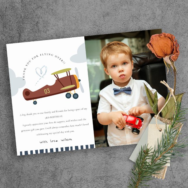 Cute  Aeroplane Cloud Heart Kids Photo Birthday Thank You Card (Creator Uploaded)