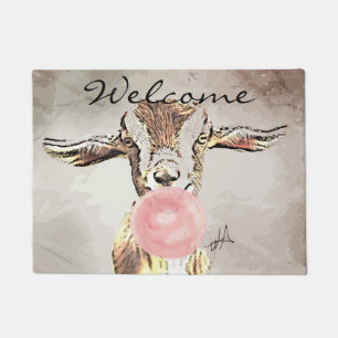 Cute Aeroplane Ears Goat with Bubblegum Welcome Ma Doormat