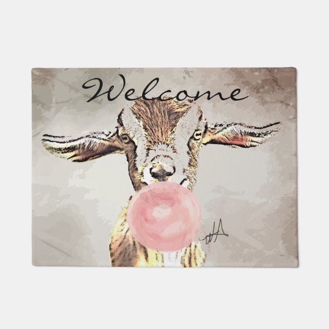 Cute Aeroplane Ears Goat with Bubblegum Welcome Ma Doormat (Front)