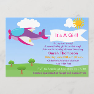 Cute Aeroplane Girl Baby Shower Invitation