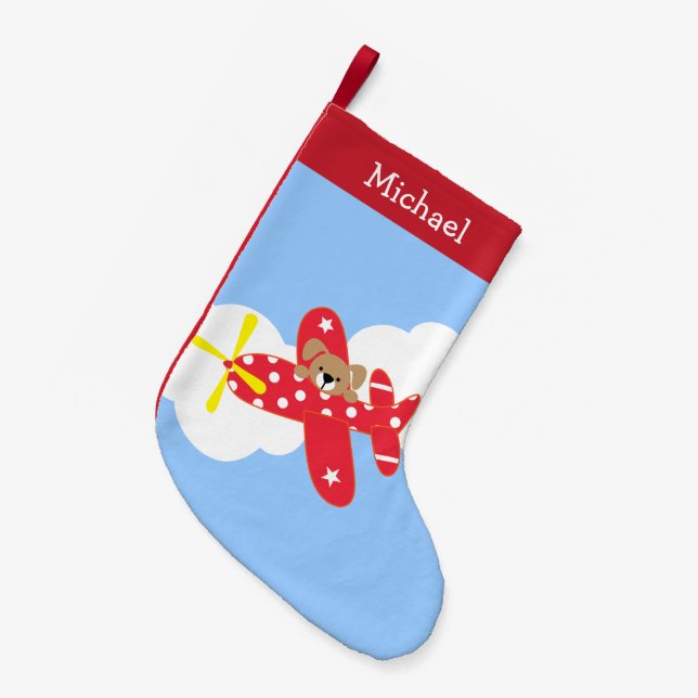 Cute Aeroplane Puppy Personalised Small Christmas Stocking (Front (Hanging))