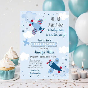 Cute Aeroplane Stars Clouds Baby Shower Invitation