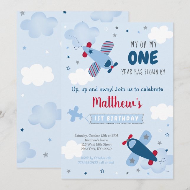 Cute Aeroplane Stars Clouds First Birthday Invitation (Front/Back)