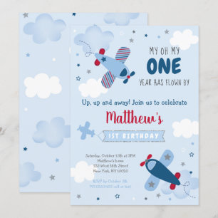 Cute Aeroplane Stars Clouds First Birthday Invitation