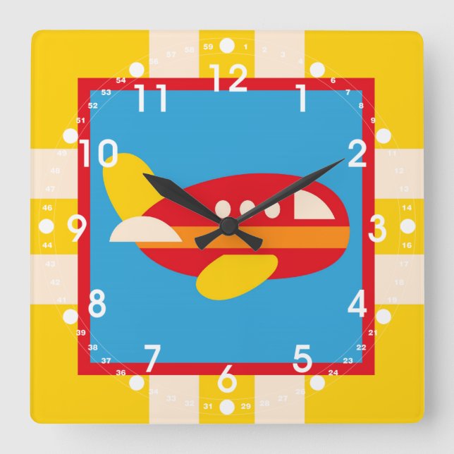 Cute Aeroplane Transportation Theme Kids Gifts Square Wall Clock (Front)