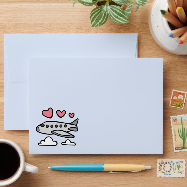 Cute aeroplane with red hearts and white clouds  envelope (Desk)