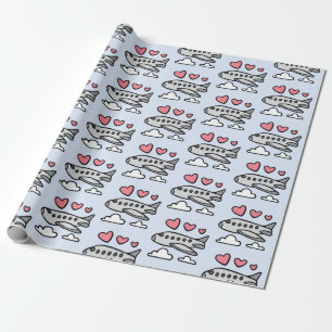 Cute aeroplane with red hearts and white clouds wrapping paper