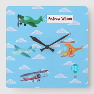 Cute Aeroplanes and Helicopter Flying on Blue Sky Square Wall Clock