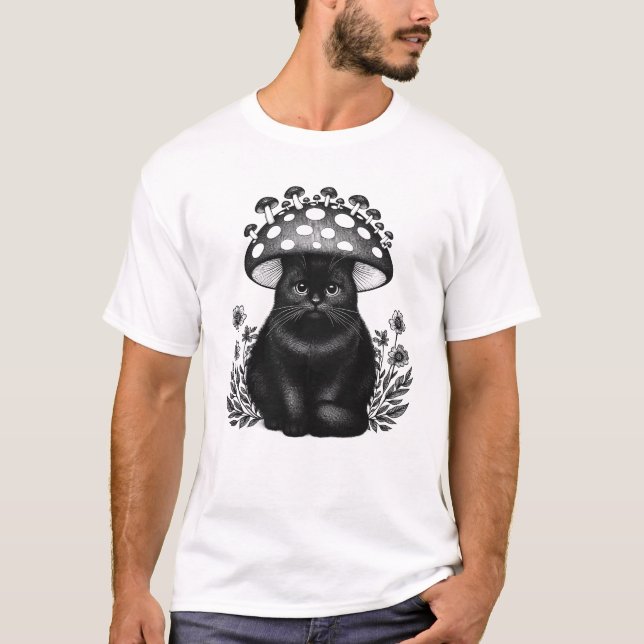 Cute Aesthetic Cat Mushroom Vintage T-Shirt (Front)