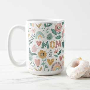 Cute Aesthetic Folk Art Flowers & Hearts MOM Coffee Mug