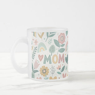 Cute Aesthetic Folk Art Flowers & Hearts MOM Frosted Glass Coffee Mug
