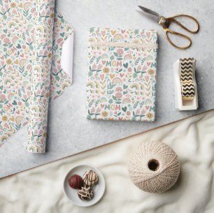 Cute Aesthetic Folk Art Flowers & Hearts MOM Wrapping Paper