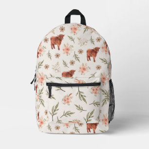 Cute Aesthetic Highland Cow Floral Pattern Printed Backpack