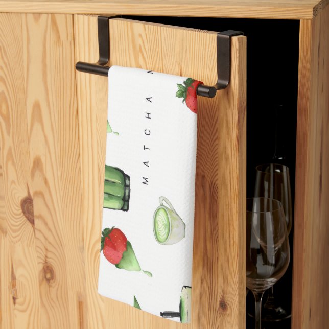 Cute Aesthetic Matcha and Fruit Pattern  Tea Towel (Thirds Fold)
