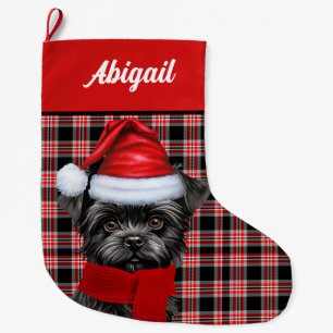 Cute Affenpinscher Dog Holiday Plaid Personalised Large Christmas Stocking