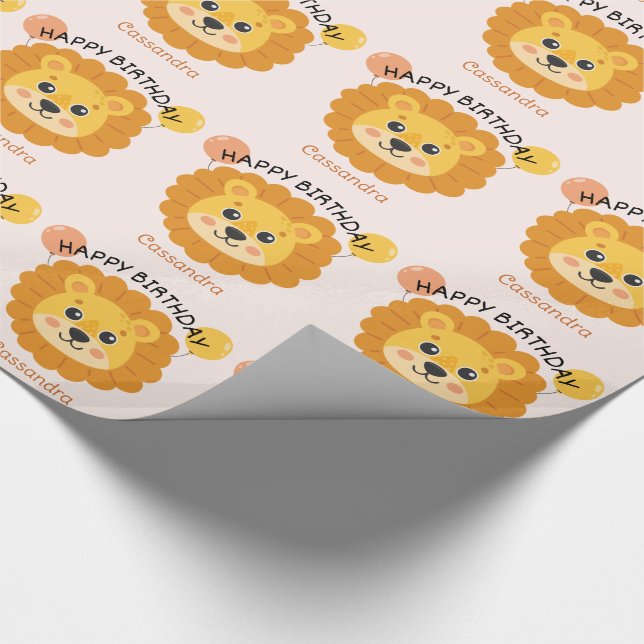 Cute Africa Lion Face Name Kids Birthday Wrapping Paper (Corner)