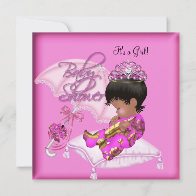Cute African American Baby Shower Pink Gold Invitation (Front)