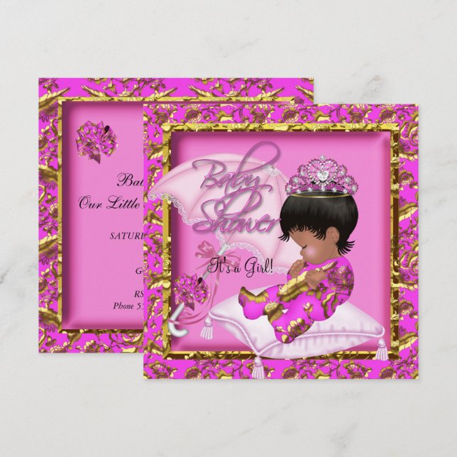 Cute African American Baby Shower Pink Gold Invitation (Front/Back)