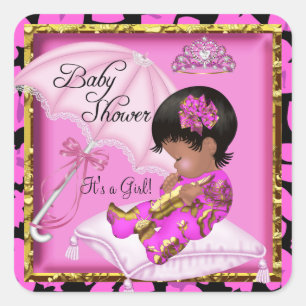 Cute African American Baby Shower Pink Leopard Square Sticker