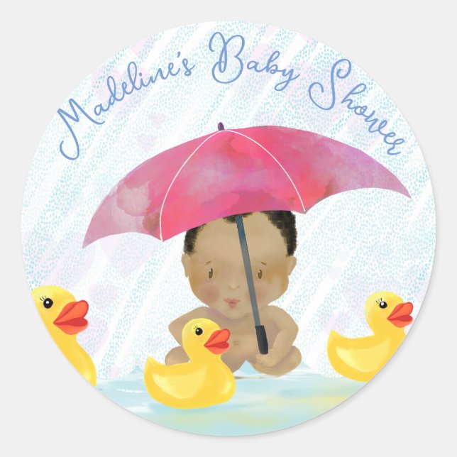 Cute African American Baby Shower Rubber Ducky Classic Round Sticker (Front)