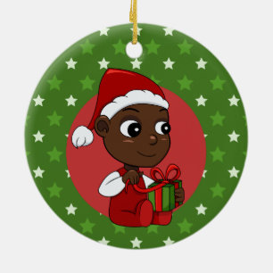 Cute African American baby with a Christmas hat Ceramic Tree Decoration