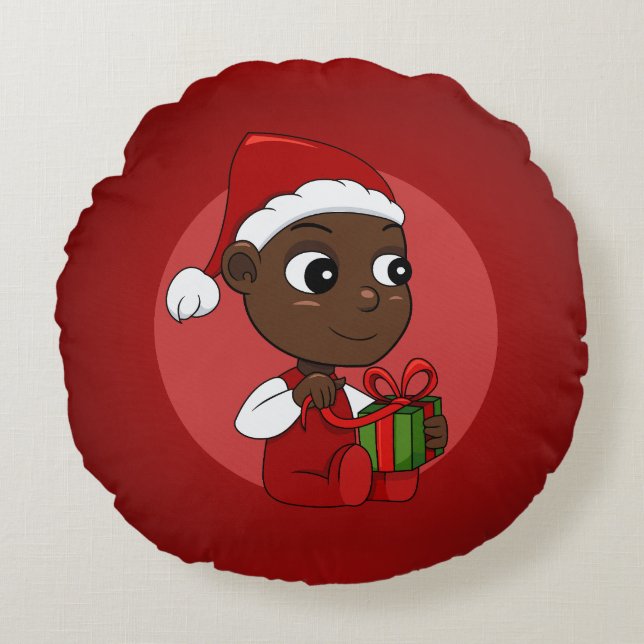Cute African American baby with a Christmas hat Round Cushion (Front)