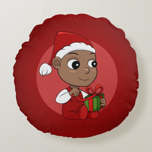 Cute African American baby with a Santa hat Round Cushion (Front)