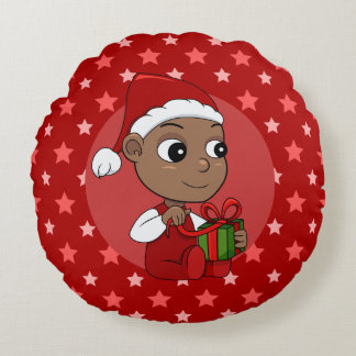 Cute African American baby with a Santa hat Round Cushion