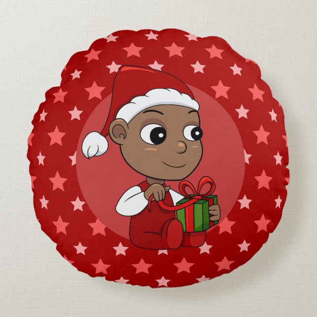 Cute African American baby with a Santa hat Round Cushion (Front)