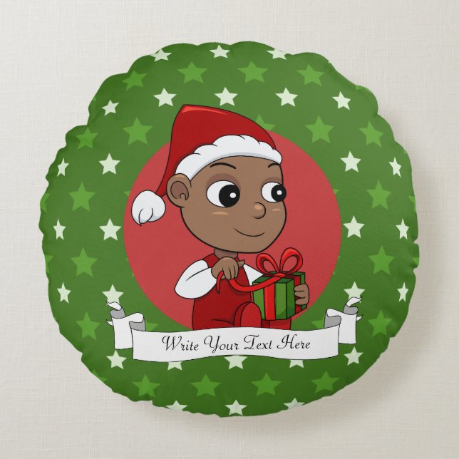 Cute African American baby with a Santa hat Round Cushion (Front)