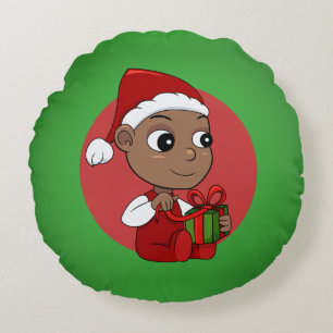 Cute African American baby with a Santa hat Round Cushion