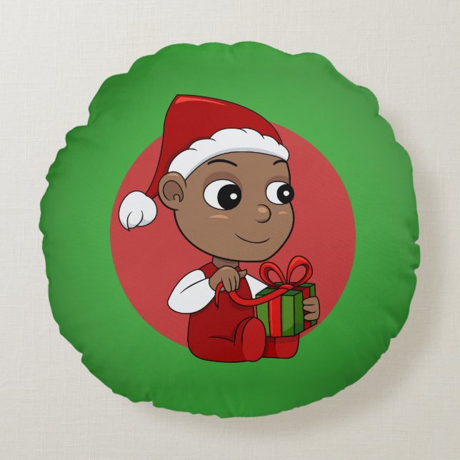 Cute African American baby with a Santa hat Round Cushion (Front)