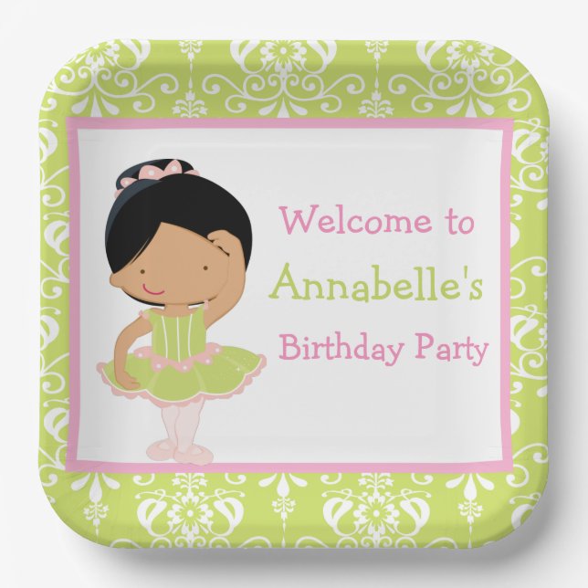 Cute African American Ballerina Birthday Paper Plate (Front)