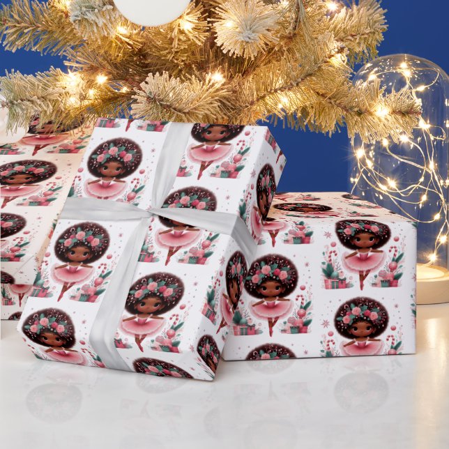 Cute African American Ballerina Pink Christmas Wrapping Paper (Holidays)
