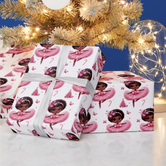 Cute African American Ballerina Pink Christmas Wrapping Paper (Holidays)