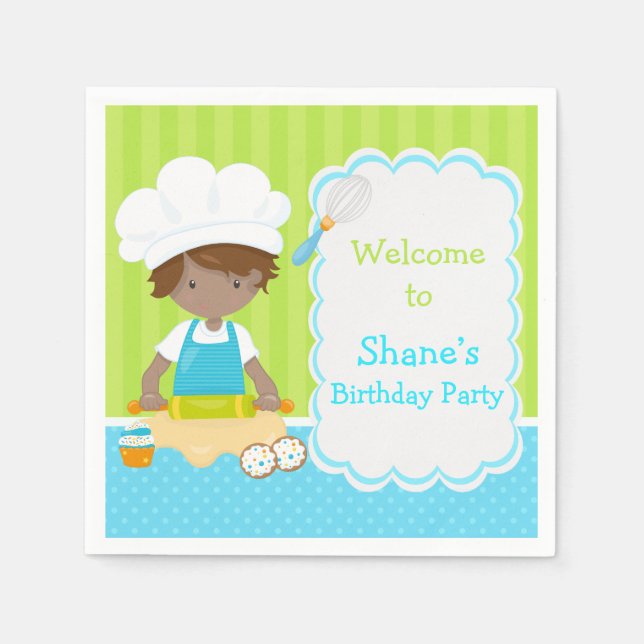 Cute African American Boy Baking Birthday Party Napkin (Front)
