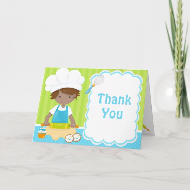 Cute African American Boy Baking Birthday Party Thank You Card (Front)